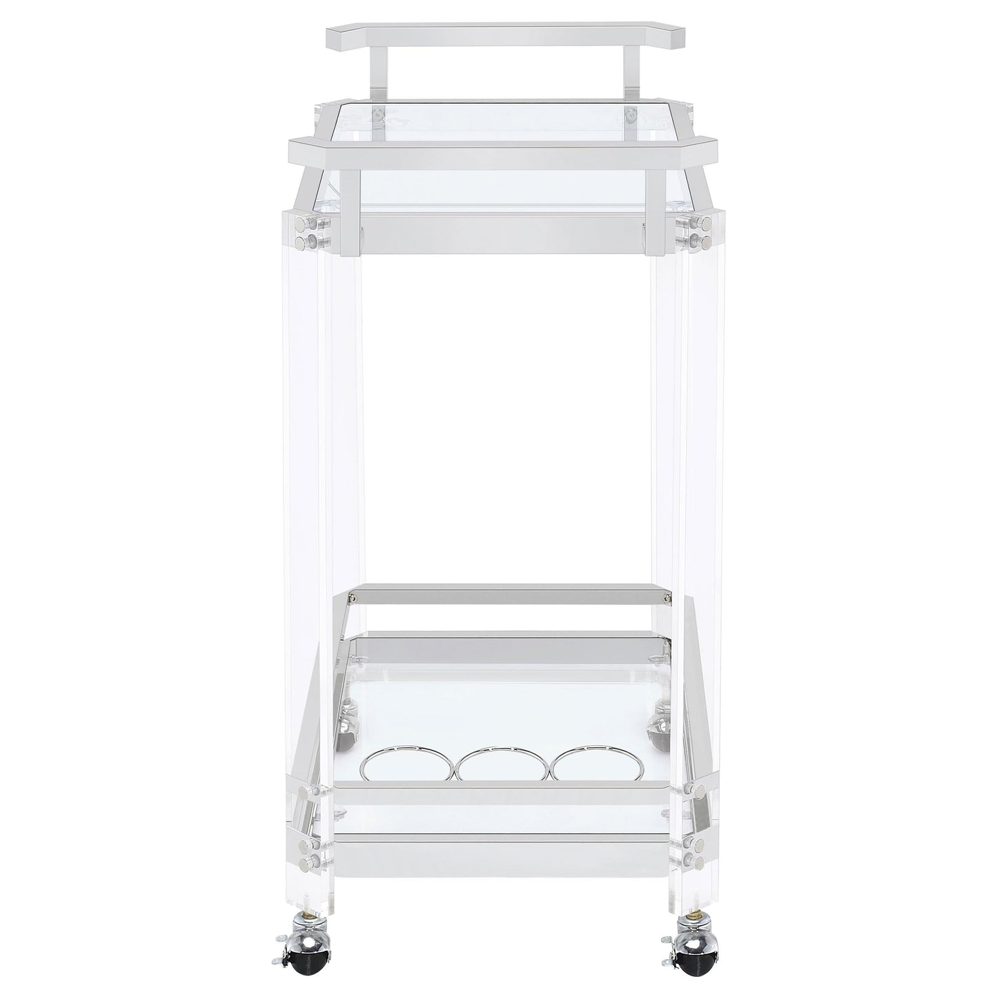 BOWERY HILL Bar Cart, Chrome Finish, Acrylic and Metal Frame with Glass Shelves, 35" H x 28.5" W x 17.25" D, Wine Bottle and Stemware Racks, Contemporary Style Serving Cart with Wheels
