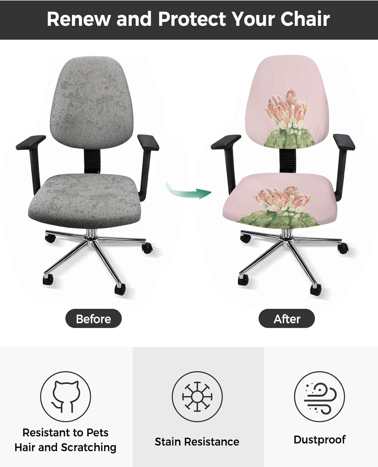 Cactus Computer Office Chair Cover, Red Flower Blossom, Stretchable Desk Chair Covers, Soft Polyester Universal
