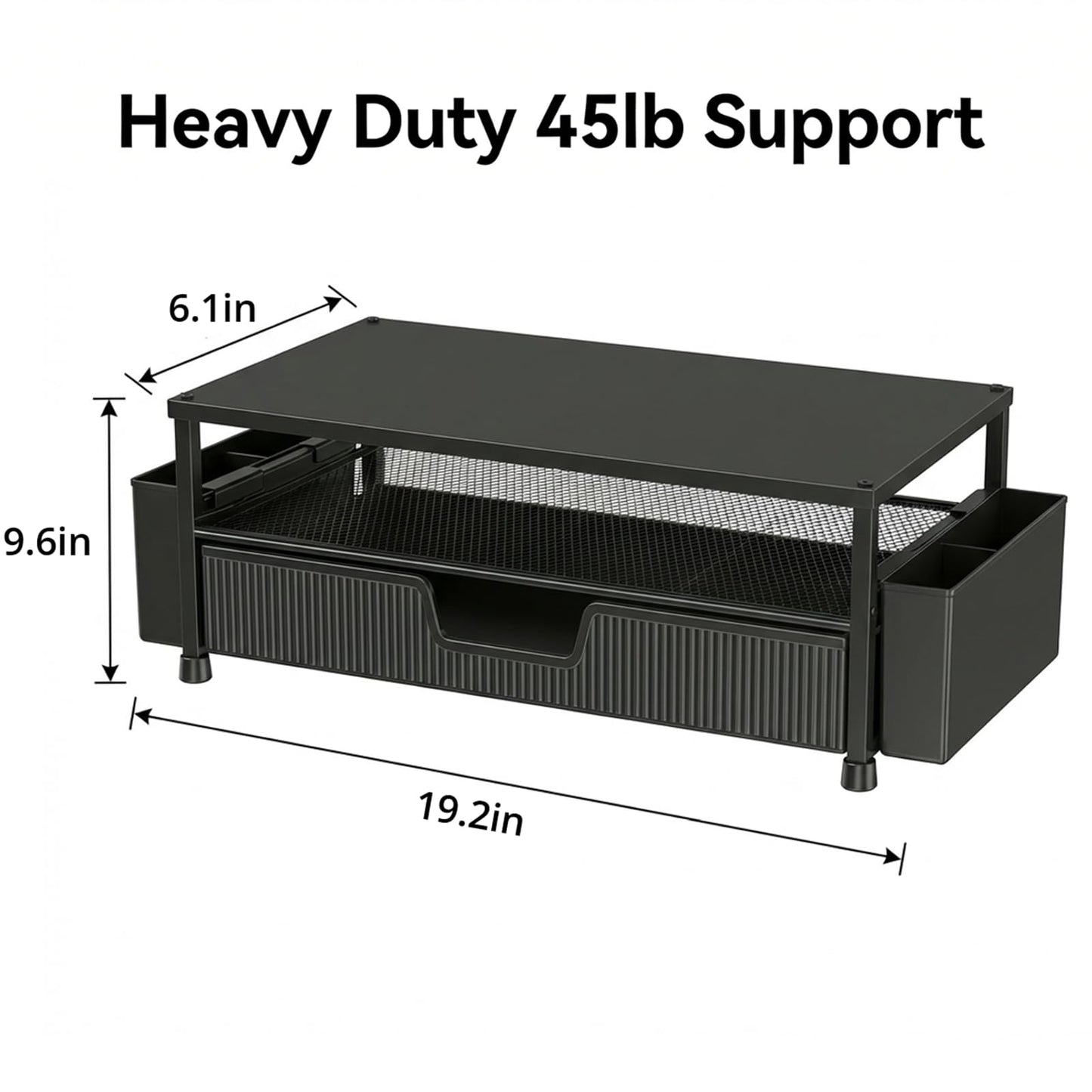 ECOLOVI Desk Organizer and Accessories, 2-Tier Computer Monitor Stand Rise with Storage Drawer & 2 Pen Holders, Laptop & Printer Stand for Desktop, Workspace Organizers for Office Supplies (Black)