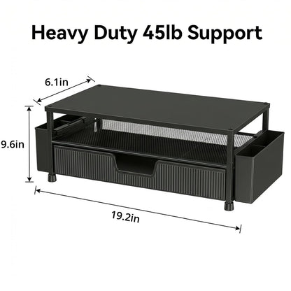 ECOLOVI Desk Organizer and Accessories, 2-Tier Computer Monitor Stand Rise with Storage Drawer & 2 Pen Holders, Laptop & Printer Stand for Desktop, Workspace Organizers for Office Supplies (Black)