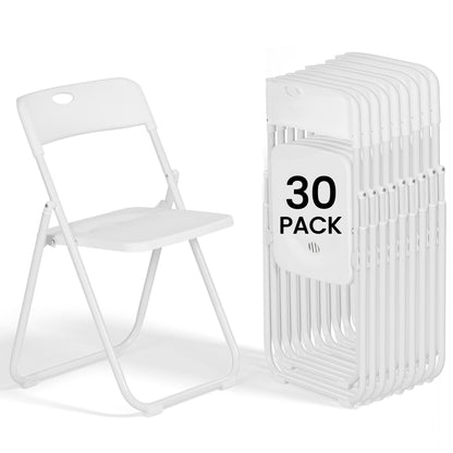 EDWINENE White Folding Chairs 30 Pack Foldable Plastic Chairs Portable Stackable Sturdy Seats for Offfice Family Wedding Dinner Party Events Entertaining, Steel Frame, Heavy Duty 350 lbs Capacity