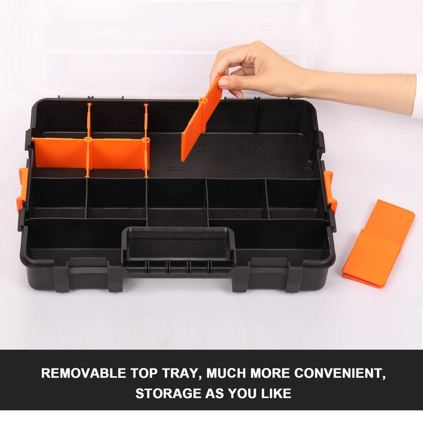 Makitoyo Tool Box Organizers, Interlocking Black Small Parts Organizer for Fasteners, Parts and Crafts w/Removable Dividers, 2 Pieces Pack, Black & Orange,15”L×11.6”W×2.6”H