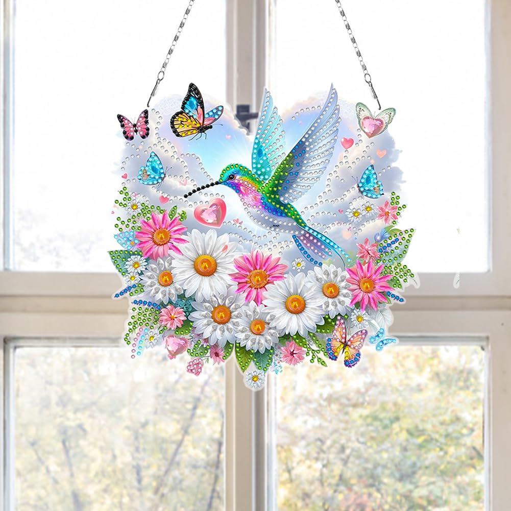C'eitura Daisy Flowers Hummingbird Cloud Acrylic Special Shape Diamond Art Painting Hanging Pendant Kit - DIY Window Suncatcher for Home Wall Decor, Sparkling Garden Craft