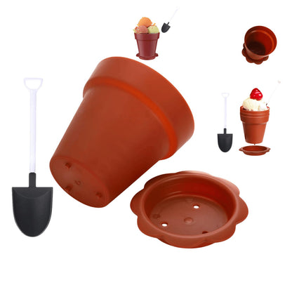KKpxafl 20 Pack Flowerpot Dessert Cups, Shovel, Spoon, Bottom Tray - Small Flower Pot Cups, Mini Flowerpot Cake Desserts Cups Ice Cream,Yogurt Containers - DIY (Brown,Reusable)