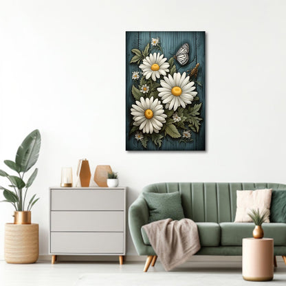 CXHOSTENT Farmhouse Flowers Canvas Wall Art, Daisy Flower Butterfly on Rustic Wood Background Painting