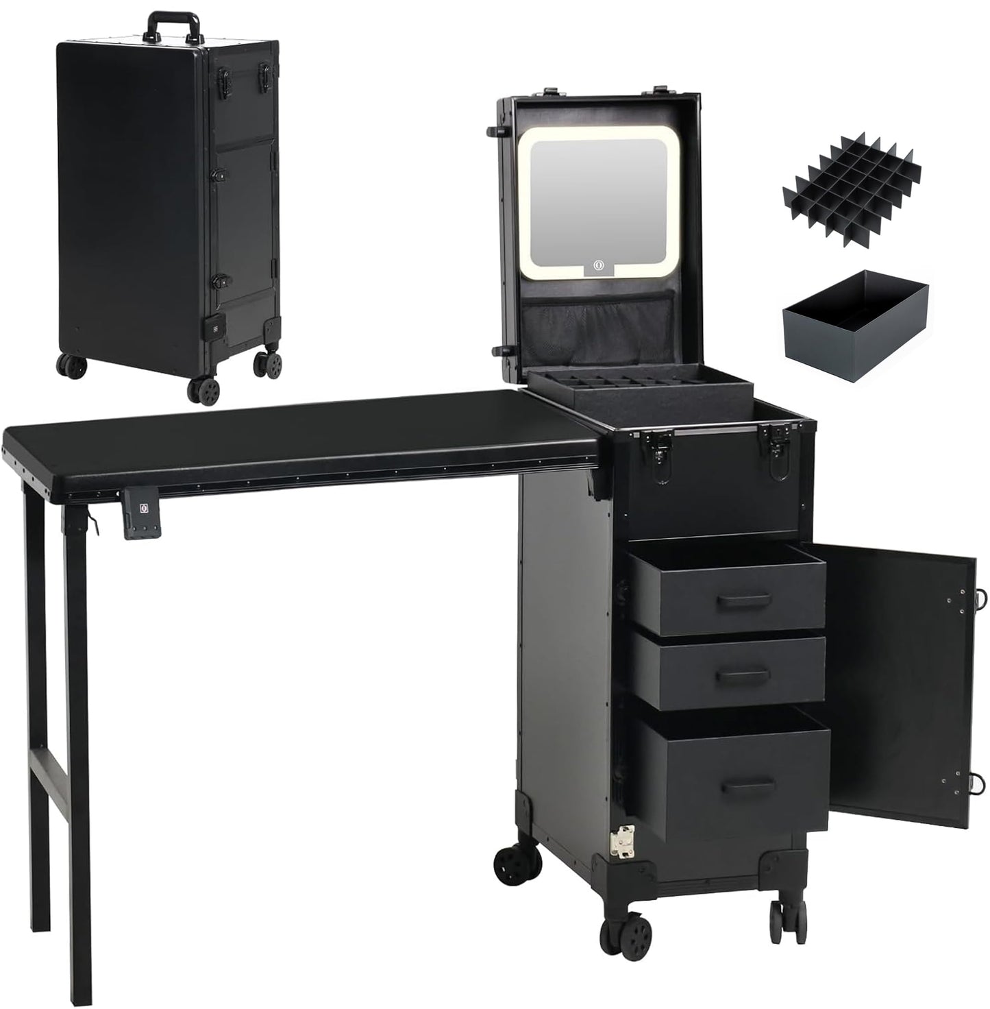 ZhenGuiRu Portable Manicure Table with 3 Drawers, Rolling Foldable Nail Desk with Detachable Mirror, Professional Makeup Train Case with Wheels and TSA Lock for Nail Techs & Salon Use