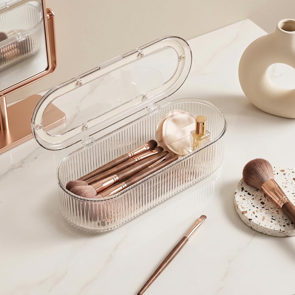 Makeup Brush Holder Organizer Clear Acrylic Makeup Sponges Organizer,Cosmetic Storage Case with Lid Display Case for Vanity (Brush Organizer)