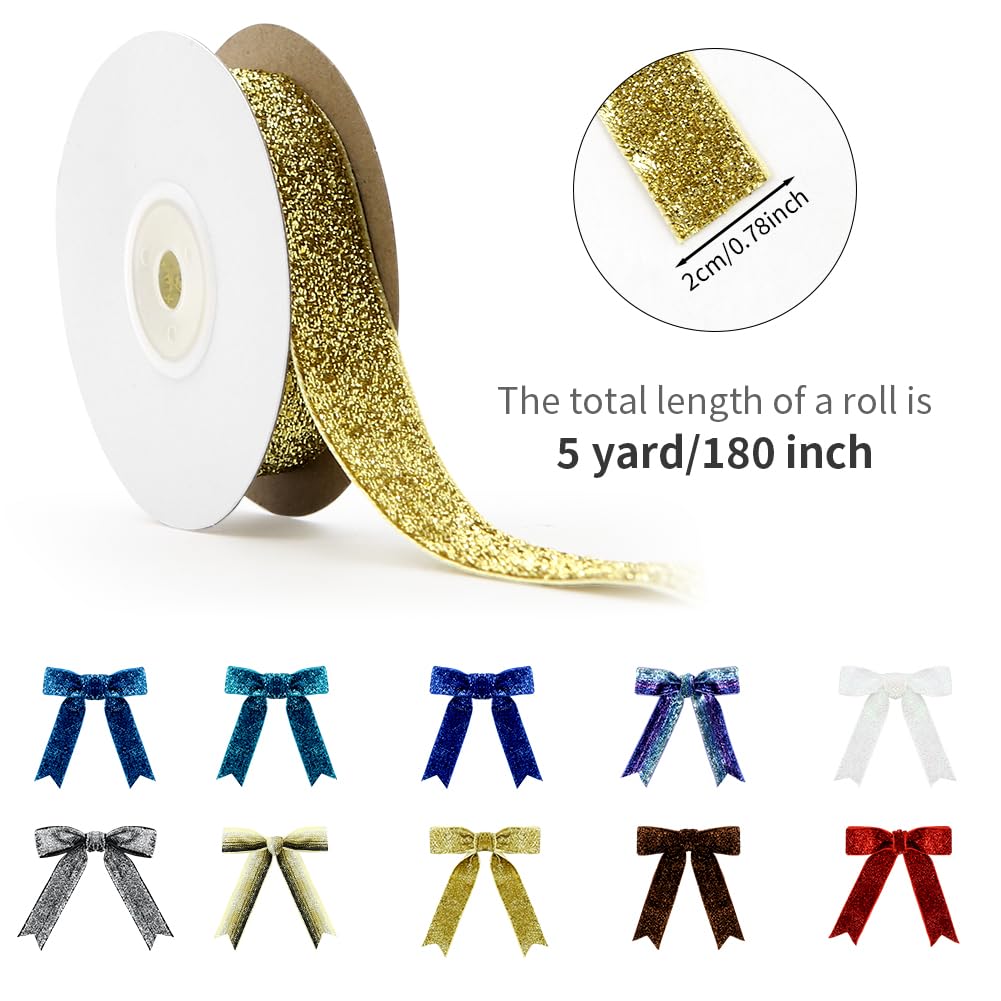 3/4-Inch Velvet Ribbon for Gift Wrapping (10 Rolls, 50 Yards), Metallic Glitter Assorted Ribbons for Crafts Bundle, Flower Bouquet - Christmas Holiday Wedding Birthday Party Gift Decoration DIY Sewing