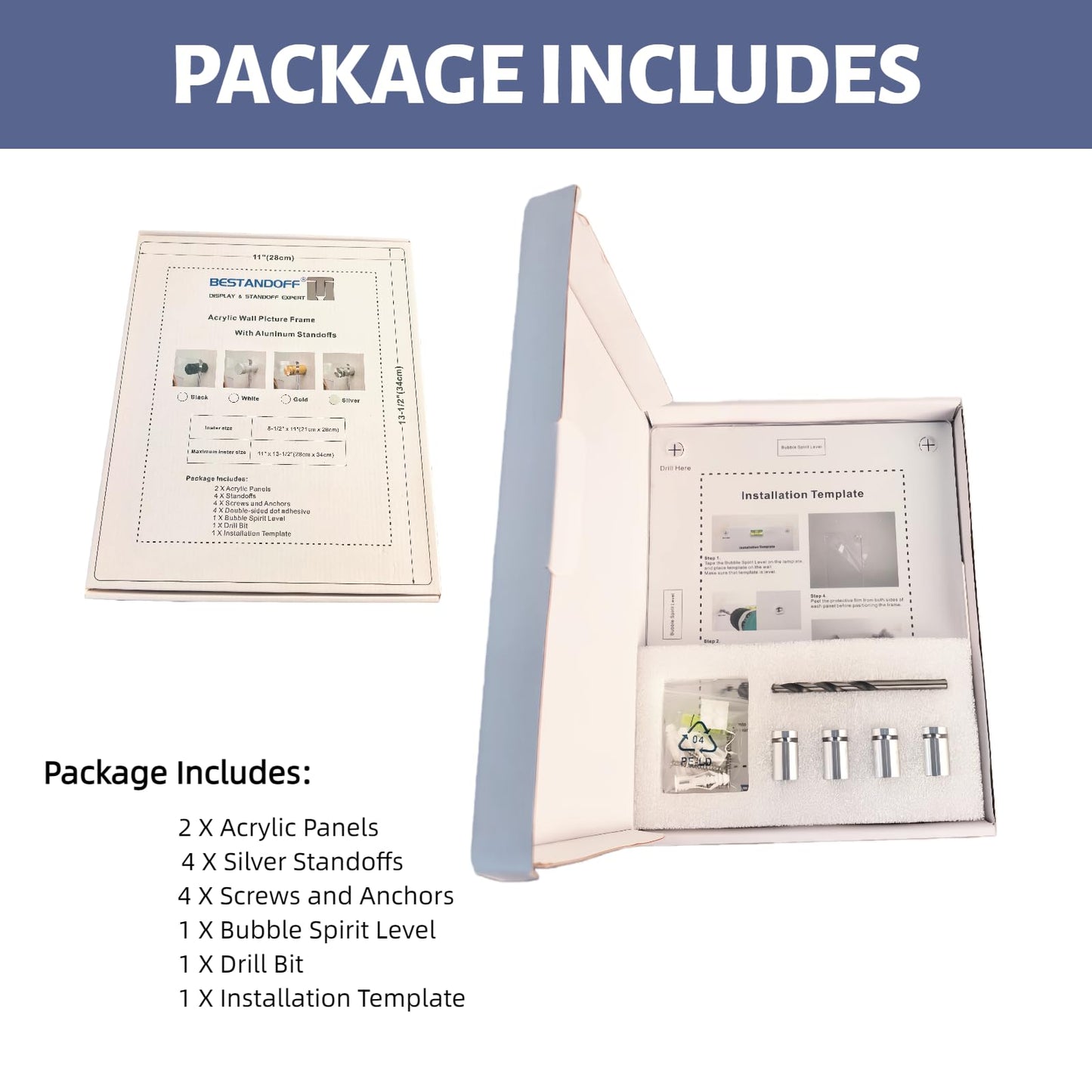 Premium Floating Acrylic Picture Frame with Polished Edges & Silver Aluminum Standoffs - Easy Wall Mount Kit Included: drill Bit, Level, Template. (Silver, Insert Size 8.5"x11", Full Frame 11"x13.5")