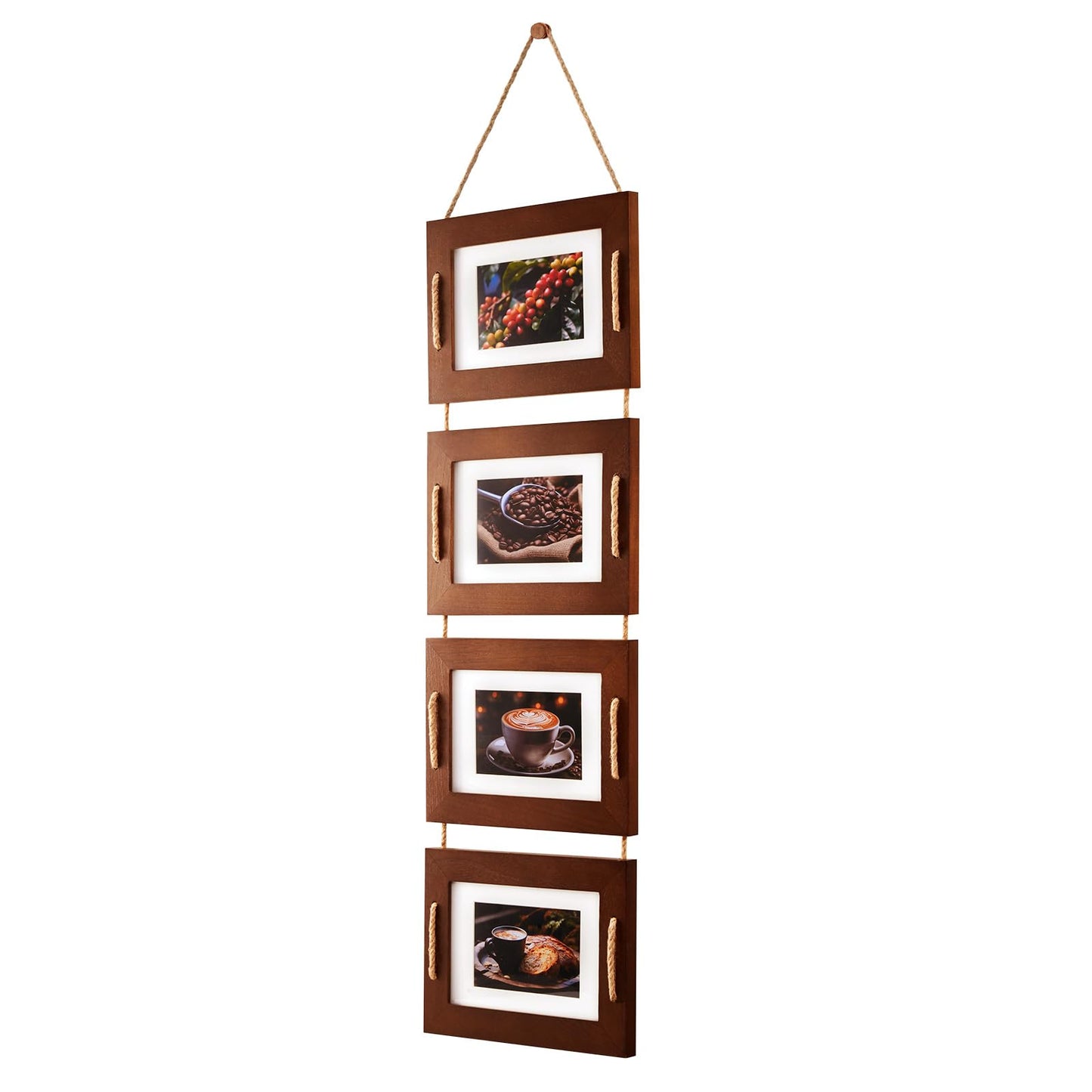 DLQuarts 5x7 Hanging Collage Picture Frames Wall Decor, 4-Opening 5x7 Matted to 3.5x5 Photo Rustic Wood Frame with Hemp Rope, 1 Pack, Dark Walnut