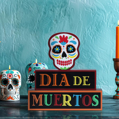 DECSPAS Day of the Dead Decorations, Wood Block Sugar Skull Dia De Los Muertos Decorations with DIA DE MUERTOS Sign, 3-Layered Wooden Skeleton Decor for Altar, Ofrenda, Home, Table, Mexican Fiesta