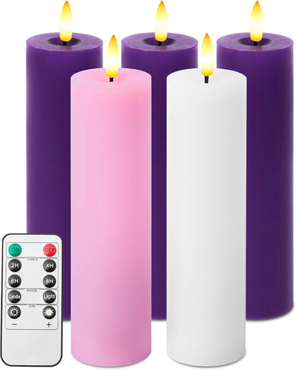 Stmarry Advent Candles Set - Battery Operated Flameless Pillar Candles with Remote & Timer | 2x7 Pink & Purple