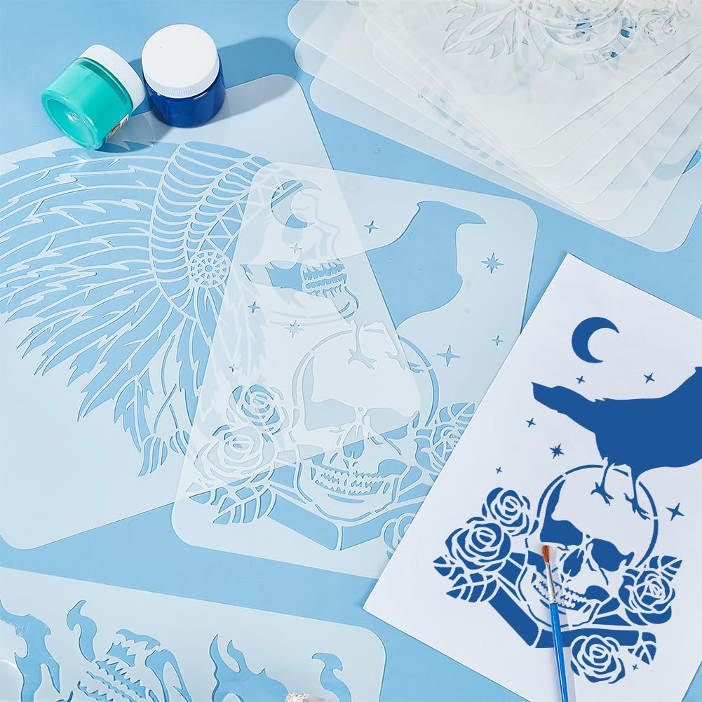 FINGERINSPIRE 10 Pcs Skull Spraying Stencils 8.3x11.7 11.8x11.8 Skeleton Crows Vampire Painting Large Stencil Reusable Horror Theme Big Templates for Porch Sign Door Hanger Holiday Decor