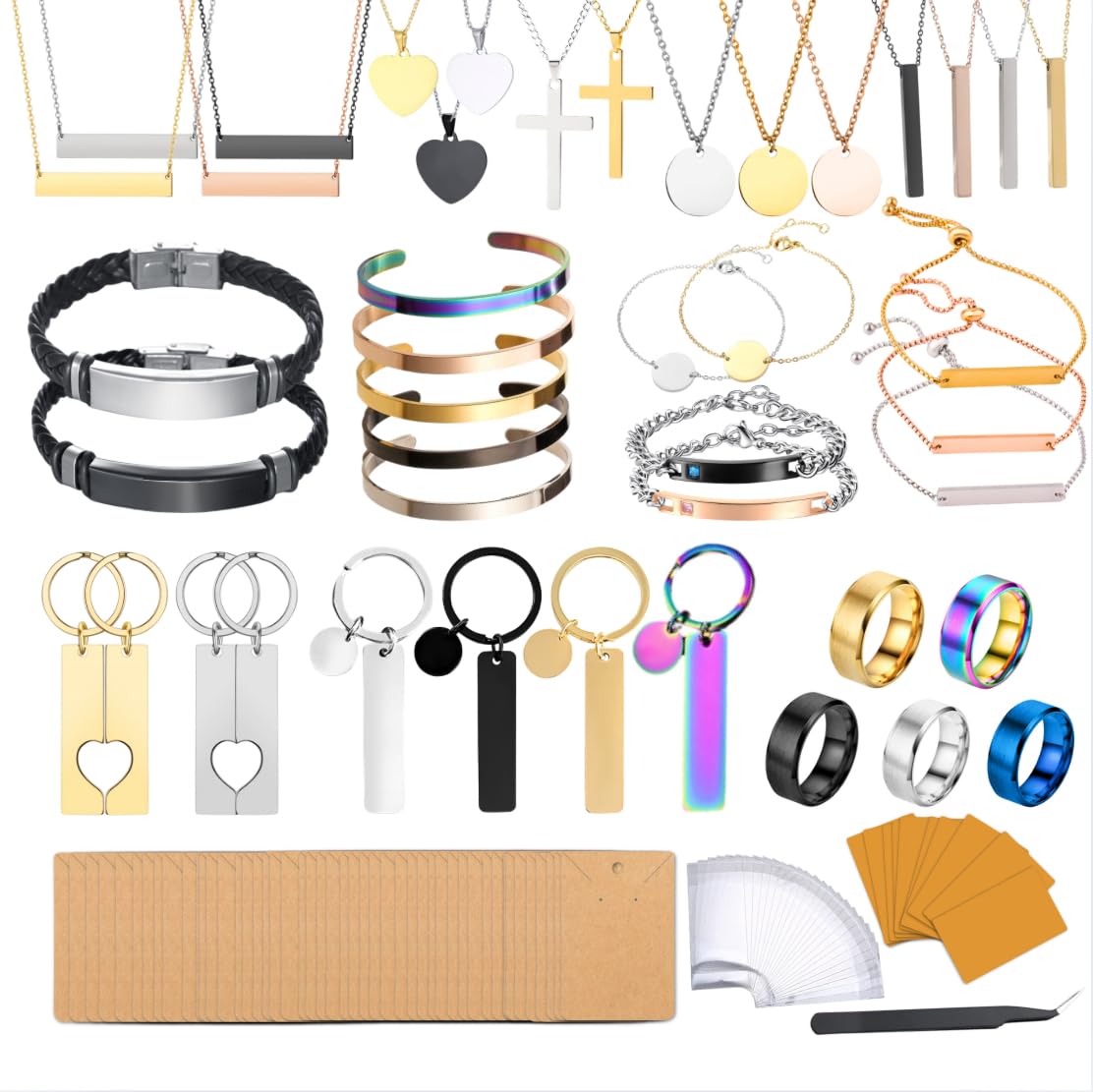 Mroy mio 104 PCS DIY Laser Engraving Kit, 13 Types Stainless Steel Blank Jewelry Making Set for Personalized Gifts, Heart Necklace, Ring, Bracelet for Couples, Friends, Beginners