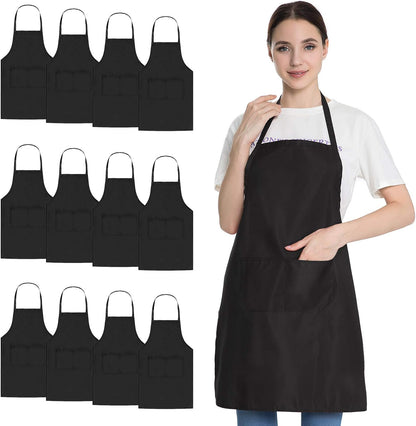 12 Pack (12, Bib Black Apron for Women Men Adult Chef, Kitchen Aprons Bulk with Pockets for Cooking Baking Painting