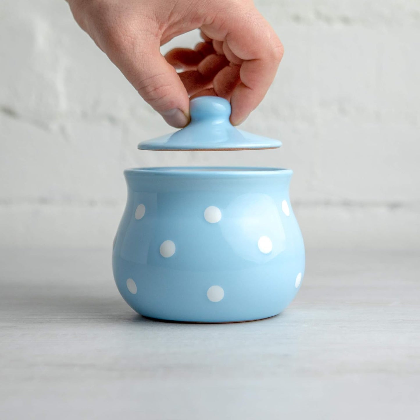 City to Cottage Ceramic Sugar Bowl with Lid, 10oz Container for Coffee Bar, Handcrafted Sky Blue Polka Dot