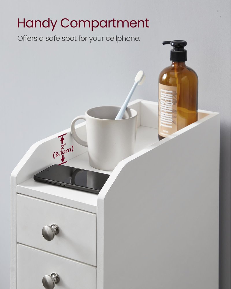 VASAGLE Slim Storage Cabinet, Narrow Storage Organizer with Slide Out Drawers, Freestanding Toilet Paper Holder, Small Space Skinny Cabinet for Bathroom Kitchen Corner, Cloud White UBBC847P31