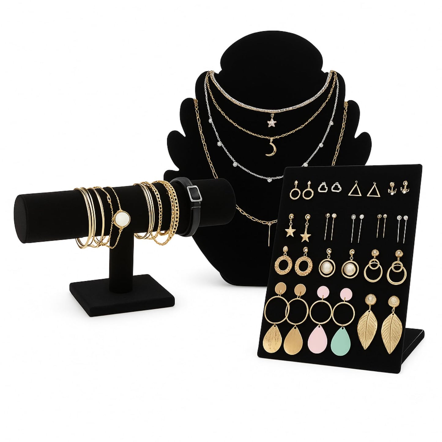 Fliqor 3 Pcs Black Velvet Jewelry Display Set, Necklace Bust Mannequin, T-Bar Bracelet Holder & L-Shaped Earring Rack, Jewelry Display Stand for Selling, Shows, Photography & Home Organization