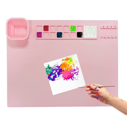 Silicone Craft Mat, Silicone Painting Mat, Silicone Art Mat with Cup & Brush Holders, Silicone Mats for Crafts, Multipurpose Silicone Art Mat for Painting, Art, Clay, Play Doh (20'' x 16'', Pink)