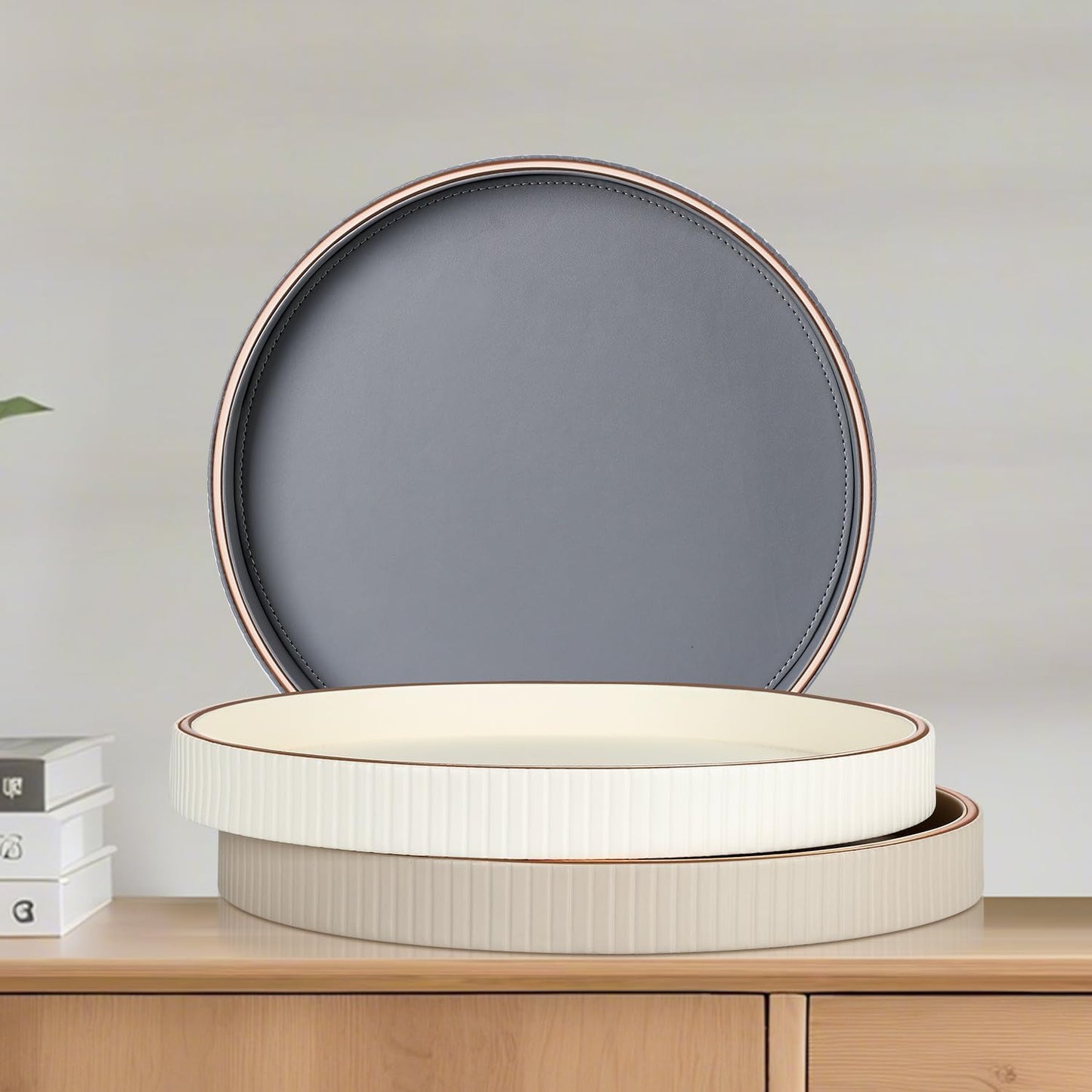 12" GORESE Round Coffee Table Tray for Home Decor, PU Leather Decorative Serving Tray for Home & Entryway Tables