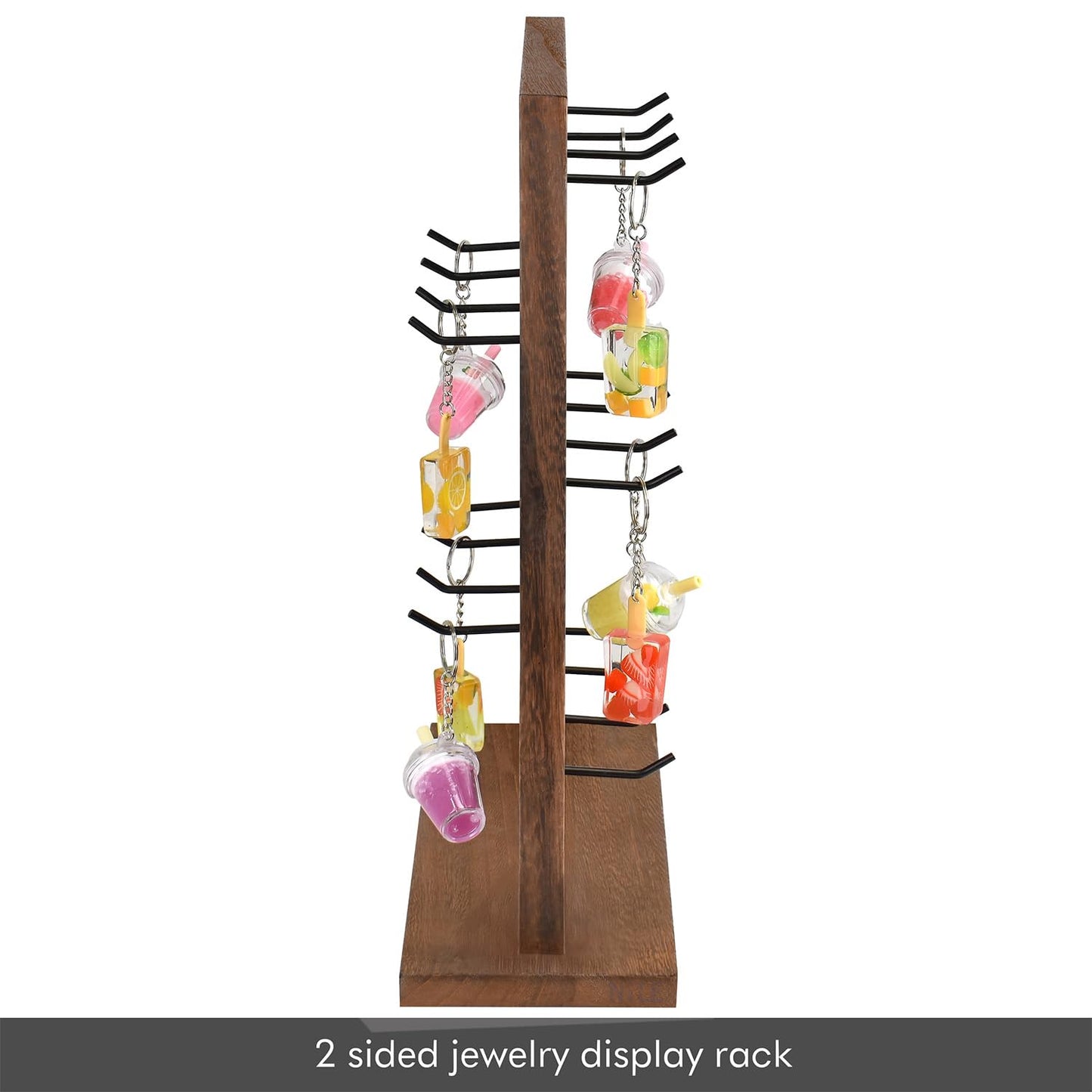 Ikee Design 5 Tiers Free Assemble Wooden Jewelry Display Rack with 20 Removable Metal Hooks,Earring Card Display Stand,Jewelry Organizer,Bracelet Organizer,Keychain Display Stand,Brown Color