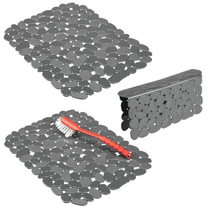 mDesign Adjustable Kitchen Sink Dish Drying Mat/Grid - Soft Plastic Sink Protector, Cushions Sinks, Dishes - Quick Draining Pebble Design - Includes 1 Saddle, 2 Large Mats - Set of 3 - Charcoal Gray