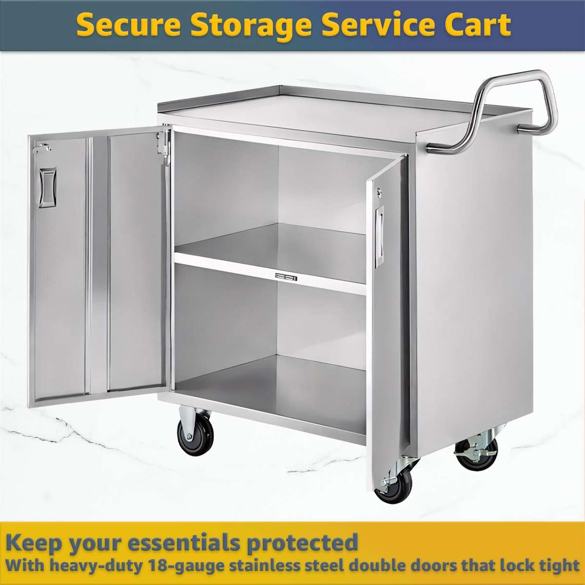 18" x 30" Stainless Steel Utility Cart with Enclosed Base and Locking Doors - Commercial NSF 3 Shelf Service Cart, Heavy-Duty Mobile Storage Cabinet for Kitchen, Catering, Restaurant Storage