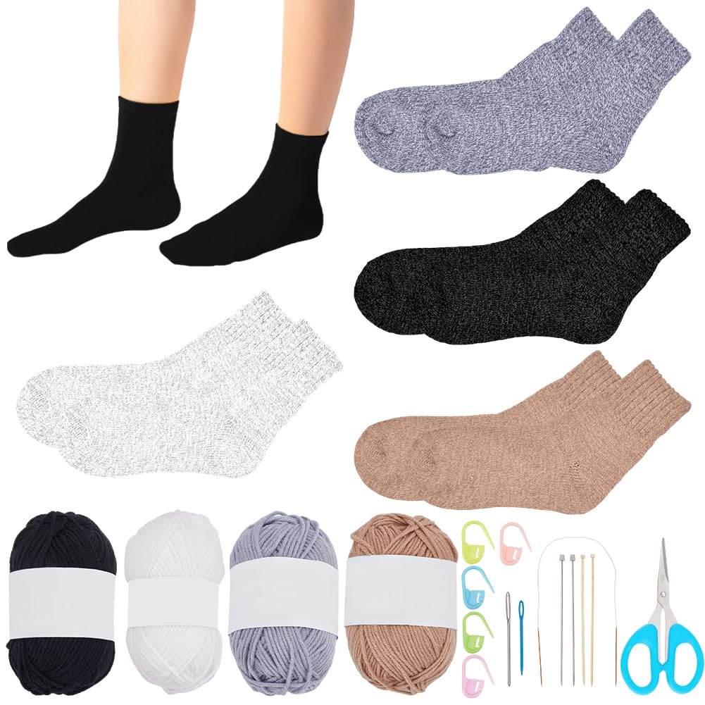 WEBEEDY 4 Sets Socks Knitting Kit Complete DIY Knitting Set with Premium Yarn and Detailed Instruction for Adults Beginner,Easy to Use Socks Knitting Starter Pack Crochet Supplies Craft Set