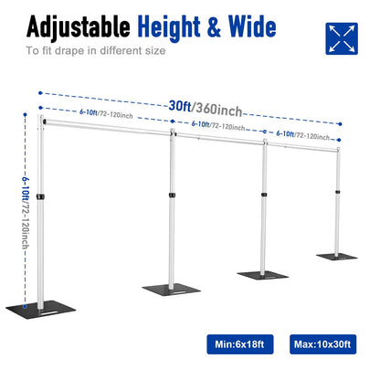 Hecis 10x30Ft Pipe and Drape Stand, Heavy Duty Backdrop Stand, 6-10' Tall x 10-30' Wide Adjustable Pipe and Drape, Backdrop Stand, Aluminium Backdrop Stand for Event,Birthday Party and Wedding Decor