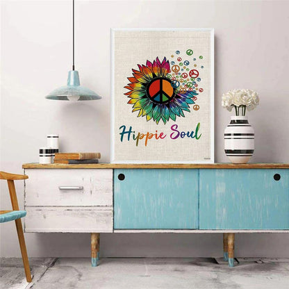 DIY Diamond Painting Full Round Drill Kits for Adults Hippie Soul Spirit Rainbow Sunflower Love and Peace Sign, 12x16 inch
