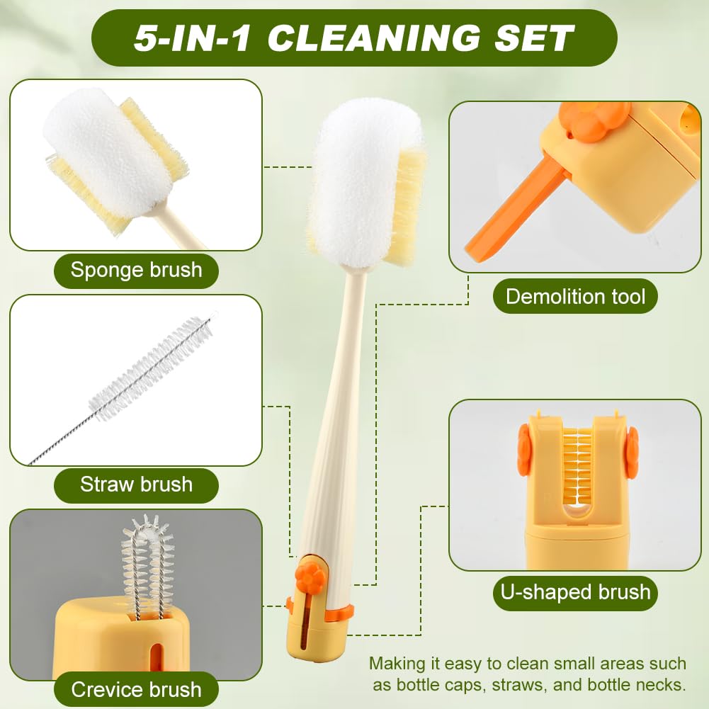 5 in 1 Bottle Cleaning Brush Set, Multifunctional Kitchen Lid Brush Cleaning Tool and Straw Cleaner, Long Handle Bottles Scrubber for Cup Lids, Hard Bristle Sponge Head Bottle Brushes