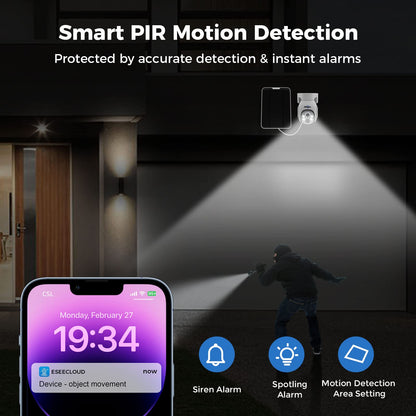 Hiseeu Solar Security Camera, 2PCS 4MP Wireless WiFi Camera Outdoor, PTZ 360° View, PIR Motion Detection, Color Night Vision, IP66, 2-Way Audio, 2.4G WiFi, No Monthly Fee