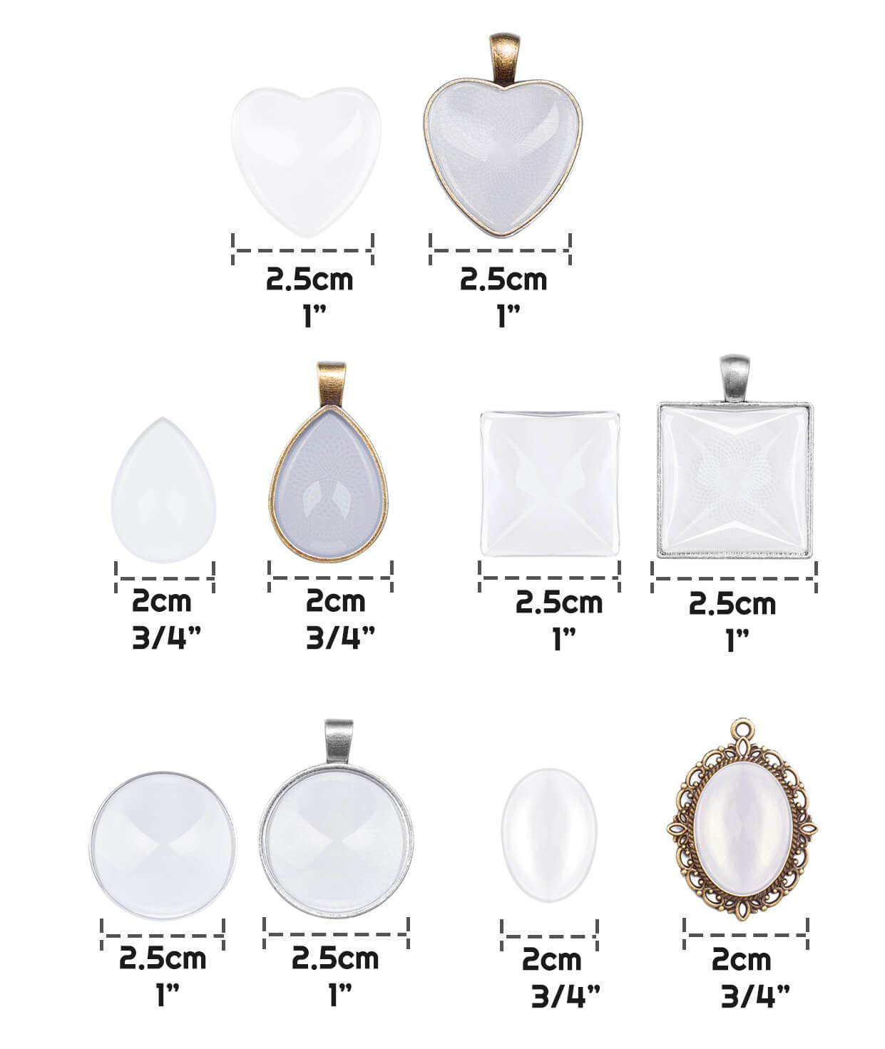 Anezus 60Pcs Pendant Trays, Bezel Pendant Trays Blanks with Glass Cabochons for Pendants Making and Jewelry Making, 5 Styles