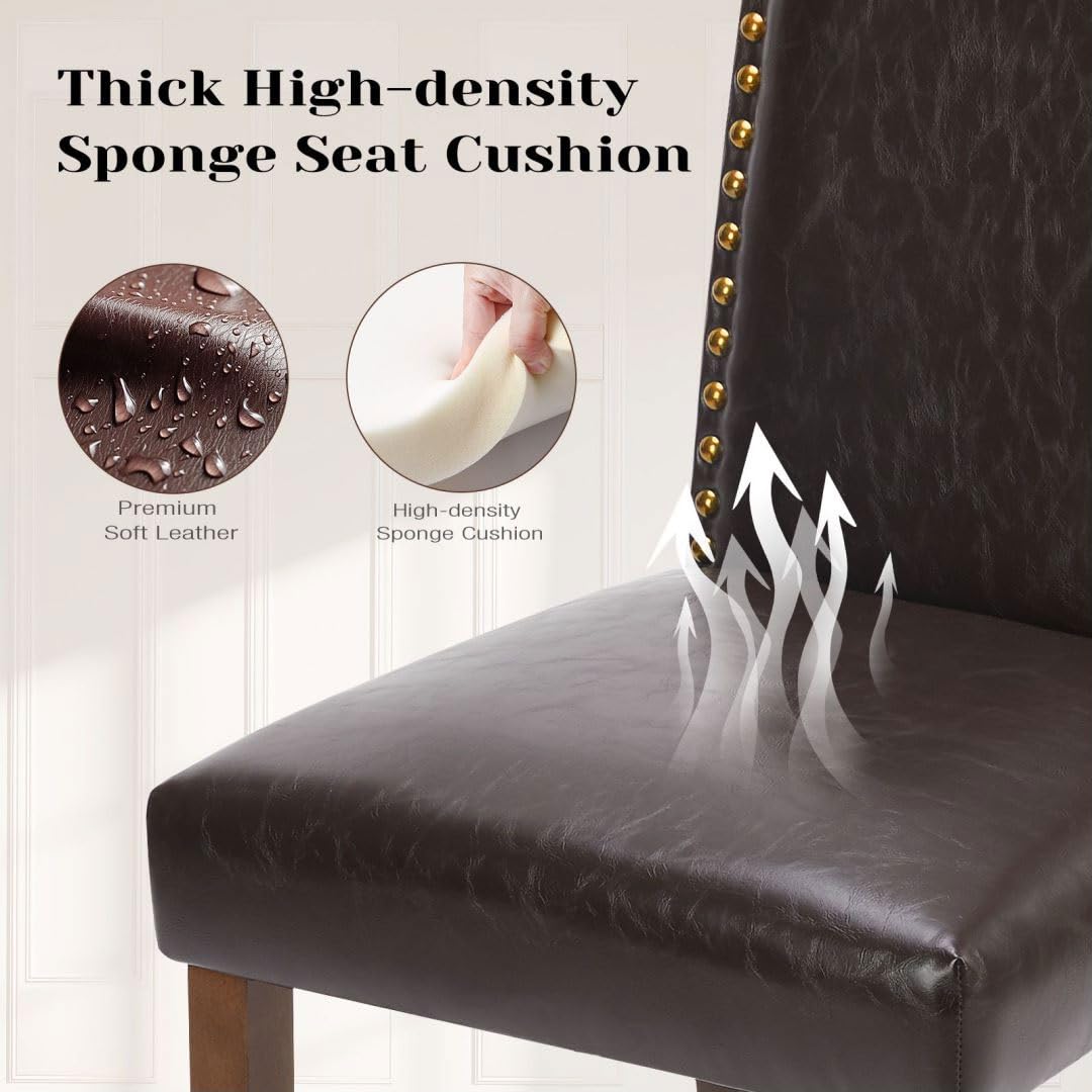 Kitchen Chairs Set of 6 Modern Upholstered Fabric Seat with Nailhead Trim and Ergonomic Lumbar Support for Living Room and Rustic Farmhouse Dining Area, Dark Brown