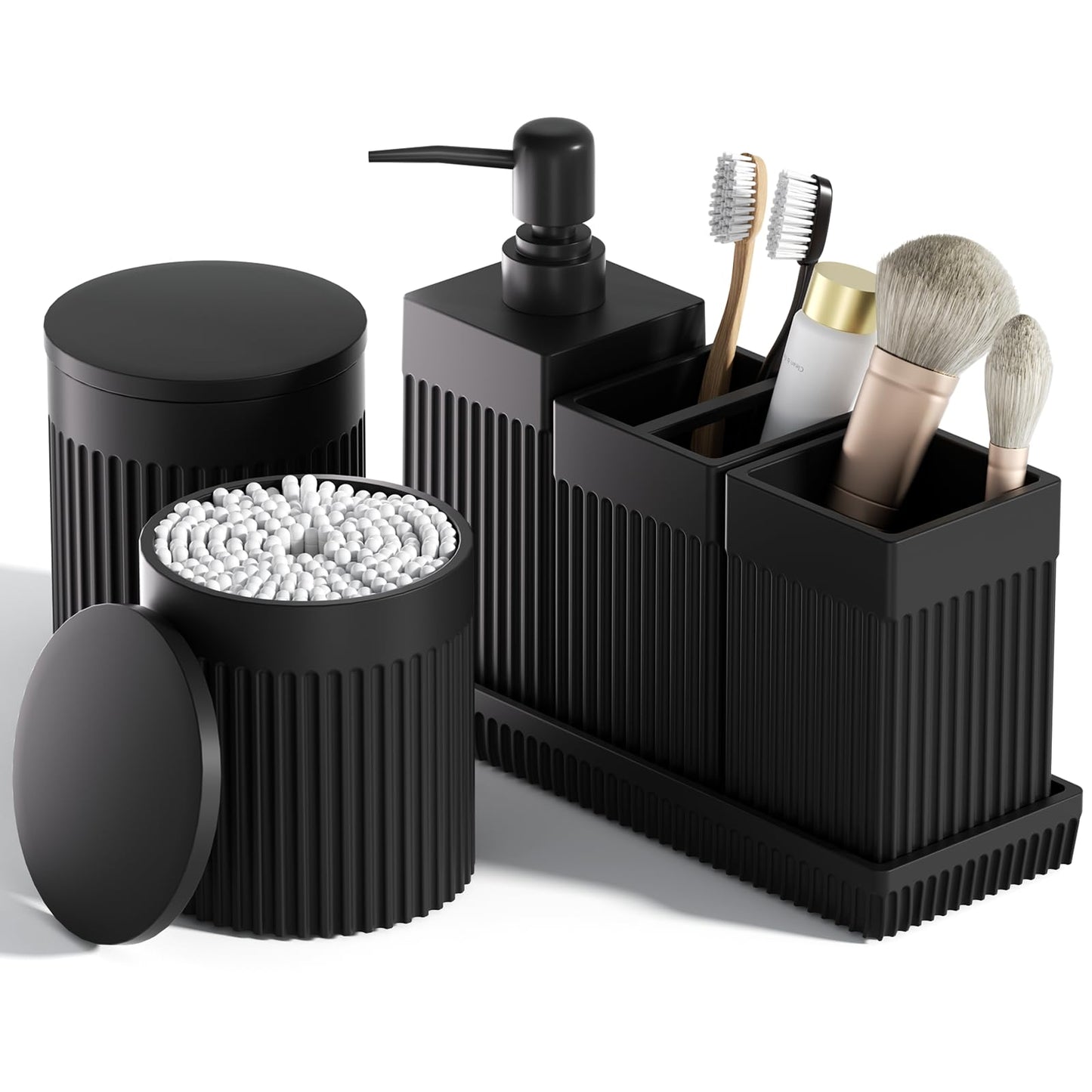 InnJoey 6-Piece Black Bathroom Set - Sleek Resin Organizer with Soap Dispenser, Toothbrush Holder, Vanity Tray, Tumbler & Apothecary Jars for Small Spaces