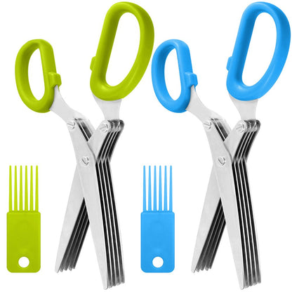SourceTon 5-Blade Herb Scissors 2 Pack - Heavy Duty Kitchen Shears with Cleaning Brush, Multipurpose Stainless Steel Scissors for Cooking, Crafting, Gift (Ergonomic Left/Right Hand Design)