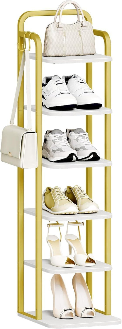 6 2 SR04213A Hzuaneri Tiers Vertical Shoe Rack, Narrow Shoe Tower, Tall Shoes Shelf with Hooks, Adjustable Shelves