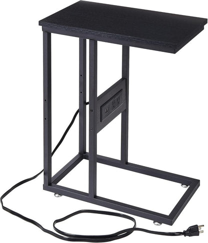VECELO C Shaped End Side Table with Charging Station & Power Outlets for Couch Sofa/Bed, Snack TV Tray with Metal Frame for Living Room Bedroom 1 Set, Black