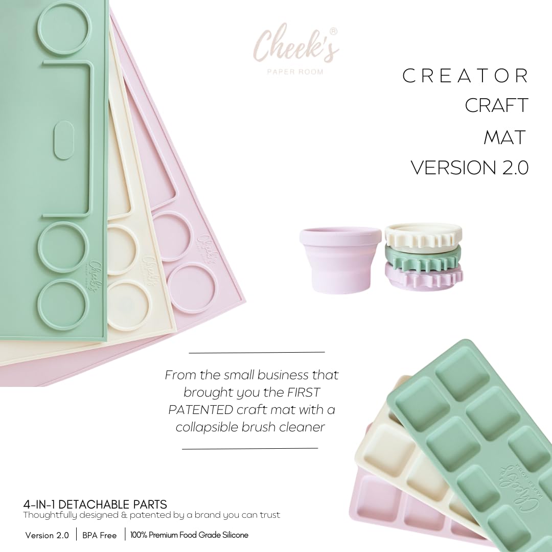 Silicone Craft Mat for Kids Painting – Creator Craft Mat V2.0 with Built-in Collapsible Brush Cleaning Cup | Nonstick Art Mat for Crafts, Resin, Clay & Playdough | Cheek's Paper Room 15" x 17"-Oatmilk