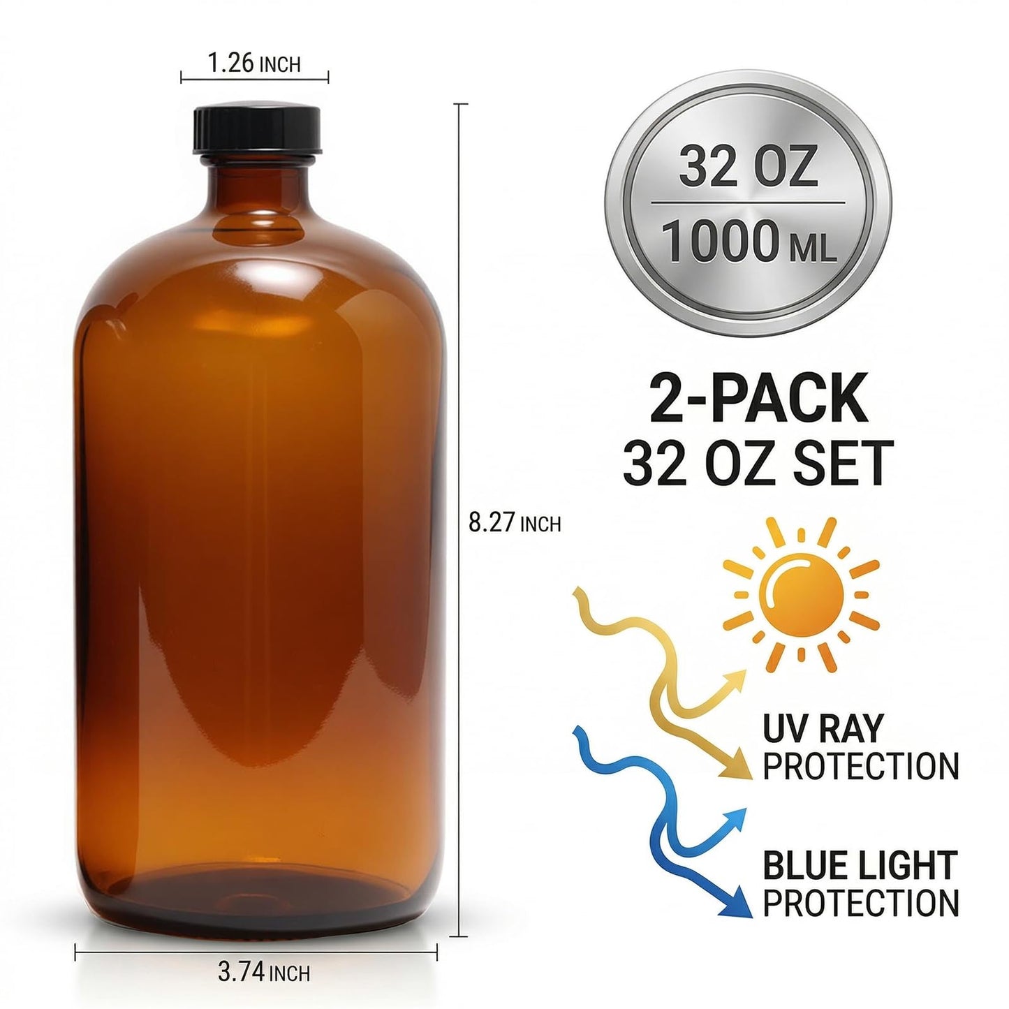 2 Pack 1000ml (32oz) Amber Glass Boston Round Bottles with Black Screw Caps - Empty Refillable Brown Glass Bottles for Essential Oils, Lab Chemicals, Cosmetics, Cleaning Solutions & Homemade Products
