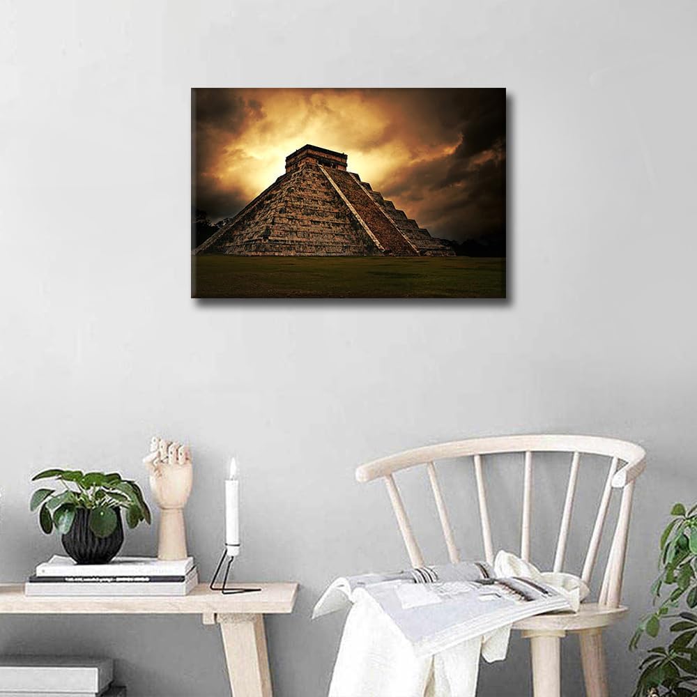 Mayan Chichen Itza Wall Art, Pyramid of Kukulcan El Castillo Sunset Painting, 16" Wx24" H Canvas Print