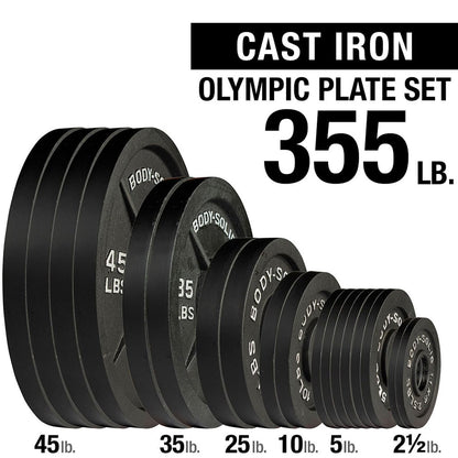 Body-Solid (OSB355) Cast Iron Olympic Weight Plate Set, Free Weights Dumbbell Plates with 2 Inch Standard Hole for All Olympic Barbell Types, 355 lb Total Weight Sets, Black