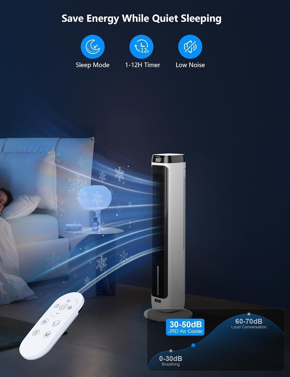 JRD 41" Evaporative Cooler with 3 Speeds, 5 Modes, Remote, 80° Oscillation Swamp Cooler with 12H Timer, Bladeless Tower Fan Cooling Fan for Bedroom Office Home
