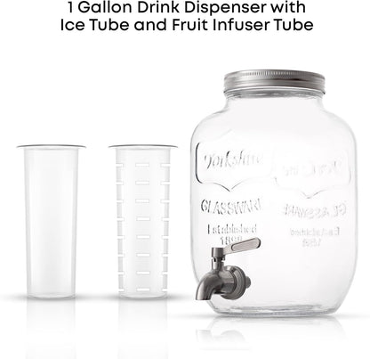 1-Gallon Drink Dispenser. Glass Beverage Dispenser with Stainless steel Spigot plus Ice Cylinder and Fruit Infuser!