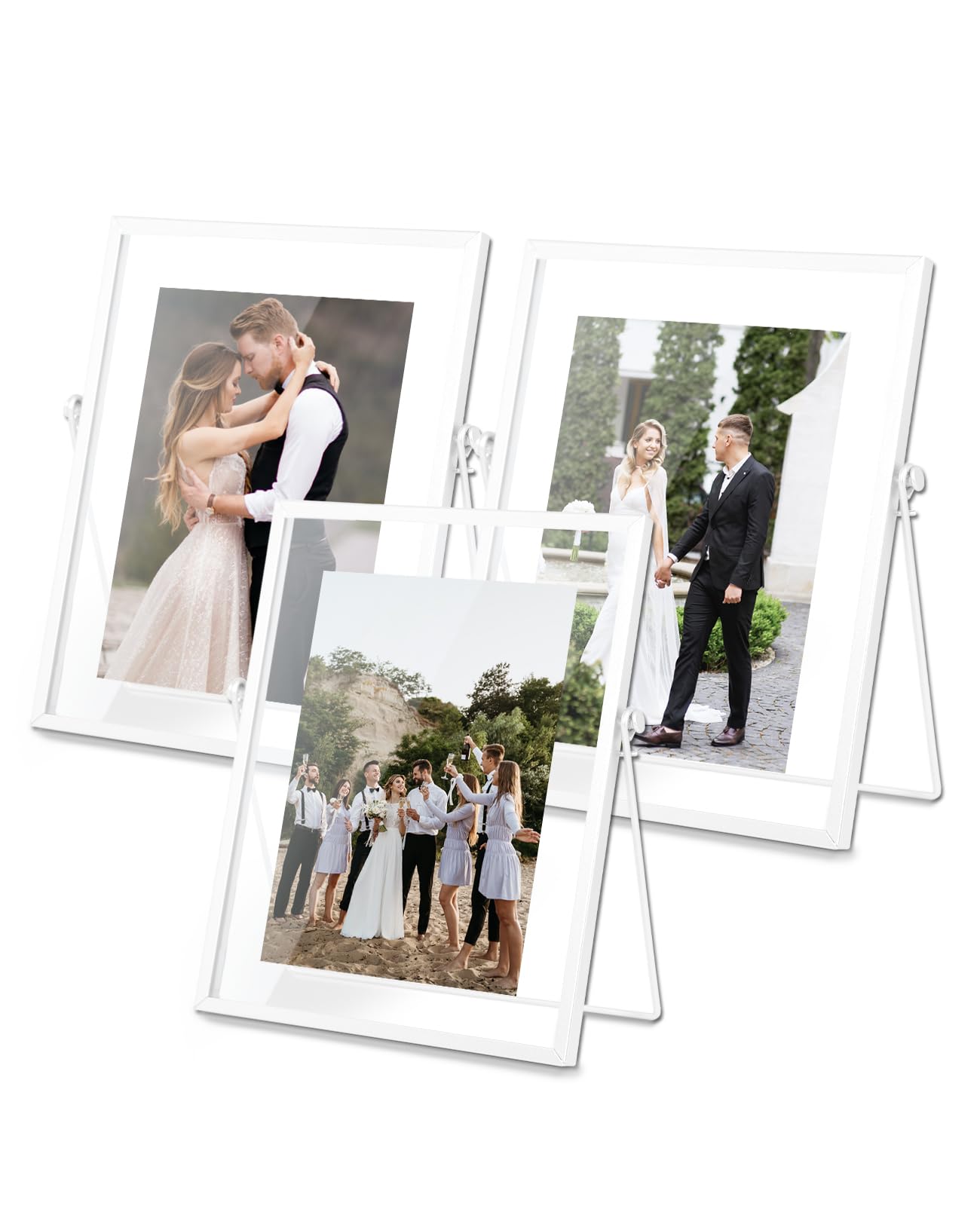 AceList Metal Picture Frames, Set of 3 Ornate Minimal Floating Edge Clear Glass Table Top Easel Stand Photo Frames in White, 8 x 10, Assortment Variety
