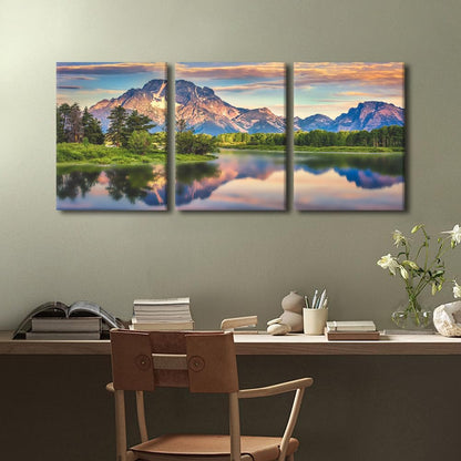 Grand Teton Sunset Landscape Paintings, 3 Panel Wall Art Prints on Canvas, Framed 36" Wx16" H House Decor