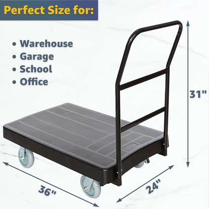 36" x 24" Platform Truck - Heavy-Duty Plastic Cart with Ergonomic Handle, 250 lb. Capacity, 6" Non-Marking Casters with Brakes - Durable Dolly for Warehouse, Office, or School Use
