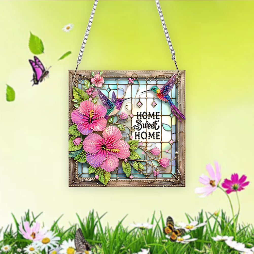 C'eitura Acrylic Special Shape Sweet Home Pink Flower 5D DIY Diamond Art Painting Hanging Pendant Rhinestone Crafts for Garden Window Decor