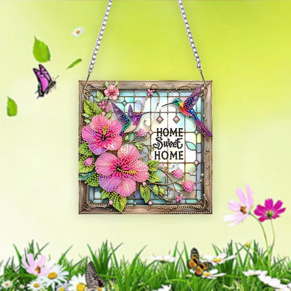 C'eitura Acrylic Special Shape Sweet Home Pink Flower 5D DIY Diamond Art Painting Hanging Pendant Rhinestone Crafts for Garden Window Decor
