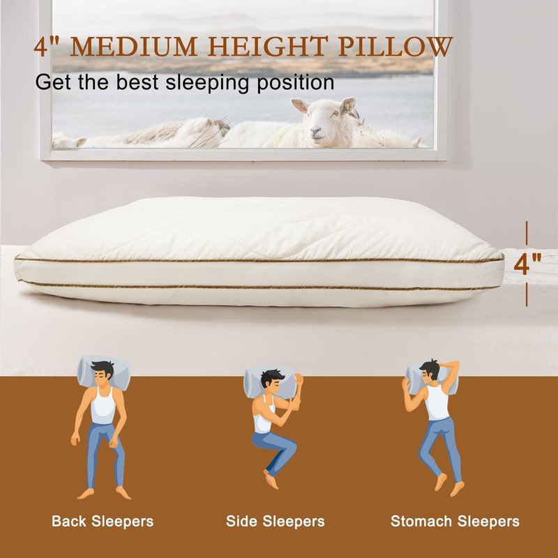YOUR MOON Soft Natural Wool Pillow Queen, Flat & Thin Wool Pillow for Sleeping, Low-Loft Bed Pillows for Back and Stomach Sleepers, Breathable Soft Cotton Cover(Off White)